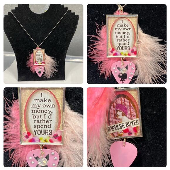 Handmade Statement Pendant Necklace – Pink Feathers, Rhinestones, Quote “I Make - Picture 1 of 7